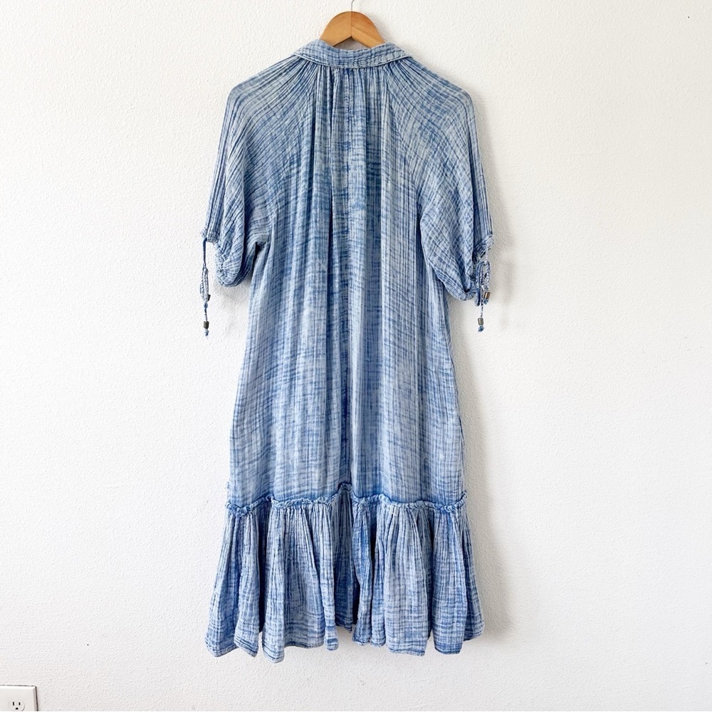 Free People Maya Blue Midi Shirt Dress Boho Oversized Button Down V-Neck - Picture 8 of 9